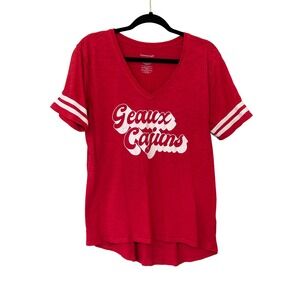Red UL Geaux Cajuns T-Shirt Women Large V-Neck Varsity Stripe